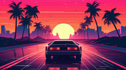 80s retro illustration car driving with sunset view. Synthwave 80s Vibes
