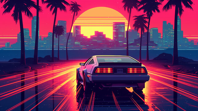 80s retro illustration car driving with sunset view. Synthwave 80s Vibes
