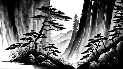 In a Chinese ink painting, a sunlit forest teems with vibrant nature, where trees stand tall, shadows dance, and tranquility whispers through every stroke.