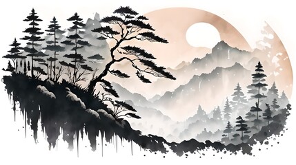 In a Chinese ink painting, a sunlit forest teems with vibrant nature, where trees stand tall, shadows dance, and tranquility whispers through every stroke.