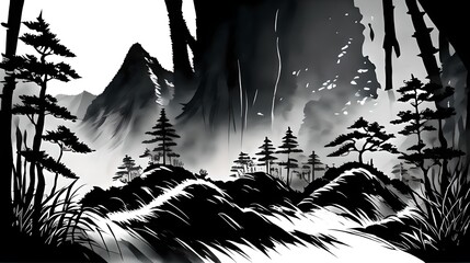 In a Chinese ink painting, a sunlit forest teems with vibrant nature, where trees stand tall, shadows dance, and tranquility whispers through every stroke.