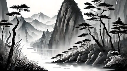 In a Chinese ink painting, a sunlit forest teems with vibrant nature, where trees stand tall, shadows dance, and tranquility whispers through every stroke.