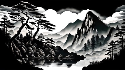 In a Chinese ink painting, a sunlit forest teems with vibrant nature, where trees stand tall, shadows dance, and tranquility whispers through every stroke.
