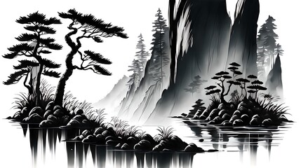 In a Chinese ink painting, a sunlit forest teems with vibrant nature, where trees stand tall, shadows dance, and tranquility whispers through every stroke.