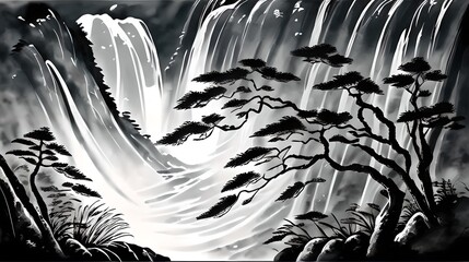In a Chinese ink painting, a sunlit forest teems with vibrant nature, where trees stand tall, shadows dance, and tranquility whispers through every stroke.