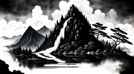 In a Chinese ink painting, a sunlit forest teems with vibrant nature, where trees stand tall, shadows dance, and tranquility whispers through every stroke.