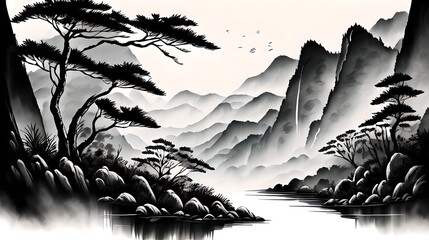 In a Chinese ink painting, a sunlit forest teems with vibrant nature, where trees stand tall, shadows dance, and tranquility whispers through every stroke.