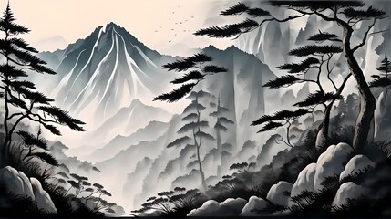 In a Chinese ink painting, a sunlit forest teems with vibrant nature, where trees stand tall, shadows dance, and tranquility whispers through every stroke.