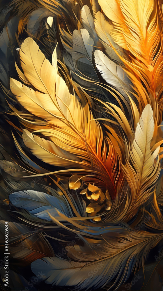 Poster abstract background with feathers and bokeh effect, digital painting generative ai