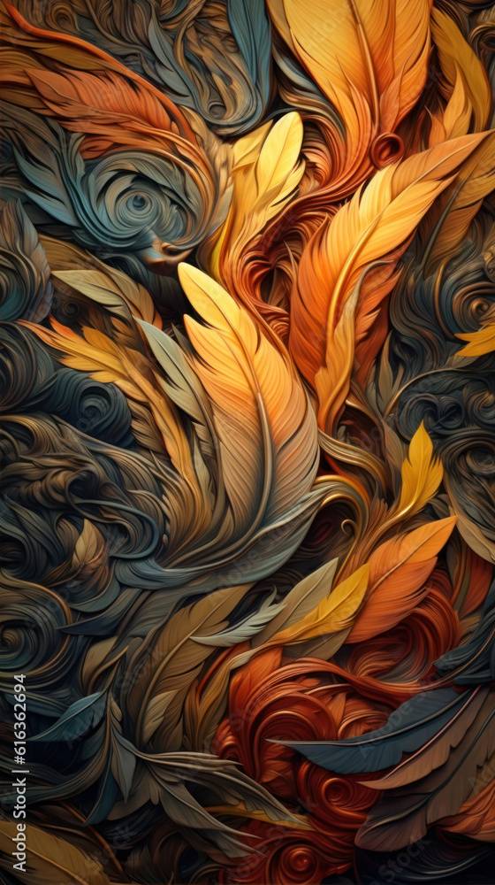 Poster abstract background with colorful feathers. generative ai