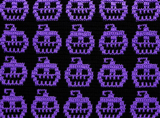 Purple black crochet halloween background. Seamless mosaic crochet pumpkin fabric.