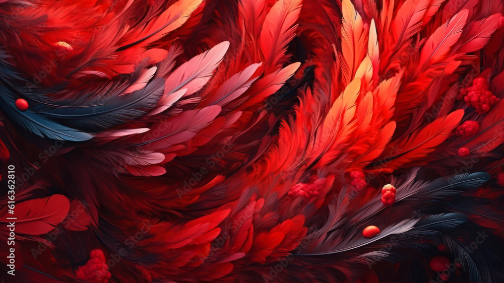 Poster abstract background with feathers in red colors generative ai