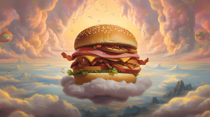 Abstract illustration - tasty hamburger against the sky. - obrazy, fototapety, plakaty