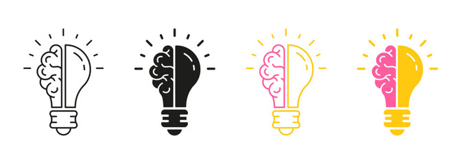 Knowledge, Smart Solution Line and Silhouette Color Icon Set. Light Bulb and Human Brain Pictogram. Inspiration, Creative Idea Symbol Collection on White Background. Isolated Vector Illustration