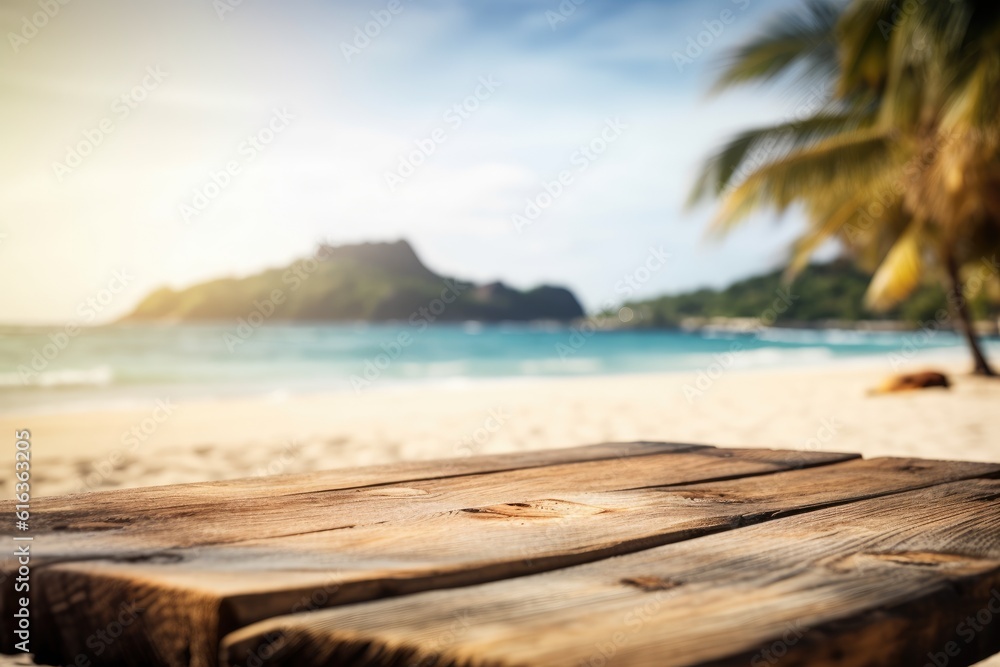 Wall mural Wooden table photo booth on a tropical beach by the sea for advertising products.