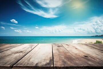 Wooden table on the beach by the sea for advertising products.