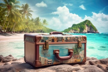 Vacation at sea: vintage suitcase on a tropical beach by the sea. Generative AI