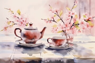 Tea set and picturesque sakura flowers in a watercolor style. Tea ritual set. Generative AI