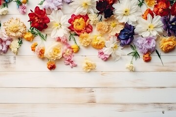 Light wooden background with summer flowers and space for text. Generative AI