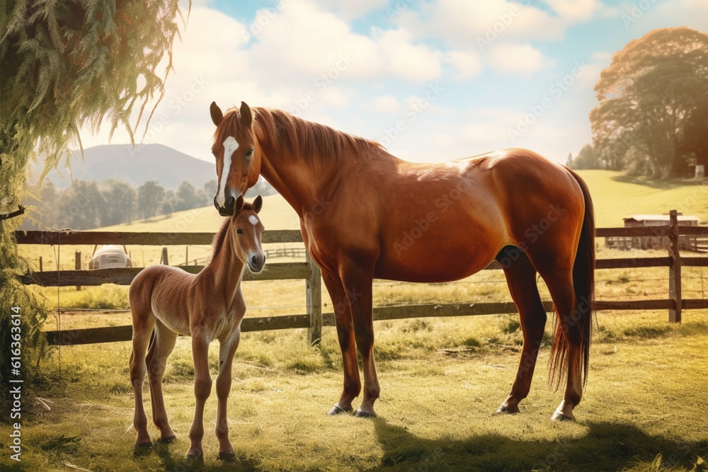 Wall mural horse in a foggy meadow on a sunny day