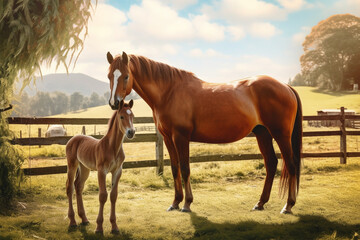 Fototapeta premium horse in a foggy meadow on a sunny day
