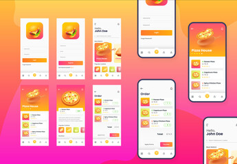 Food Order Mobile App UI Kit Including Login, Register, Food Menu, Booking And Service Type Review Screens.