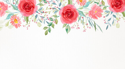 Watercolor Floral Border With Roses, Wildflowers and Foliage Painting