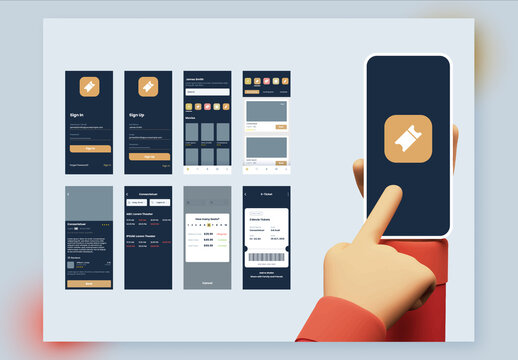 Movie Ticket Booking App UI Kit Including Sign In, Sign Up, Booking and Service Type Review Screens for Responsive Website.