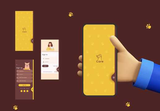 Animal Adopt or Care Theme Application Splash Screens, Template Layout as Sign In, Sign Up for Mobile App.