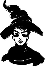 A witch with gothic style makeup, black clothes and hat, black and white , vector
