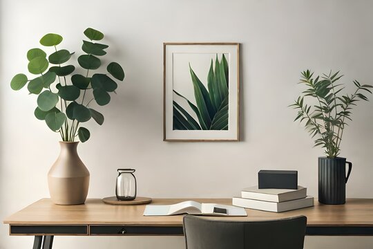 Vertical wooden picture frame, poster mockup in the corner. Wooden table, desk. Modern organic shaped vase. Dry flowers, grass. Old books on window sill. Home staging