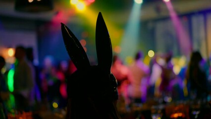 A girl in a rabbit mask stands by the bar during a night party. High quality FullHD footage