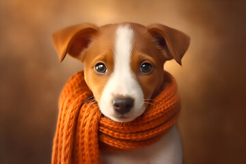 A dog in a knitted orange scarf on background. Autumn concept.