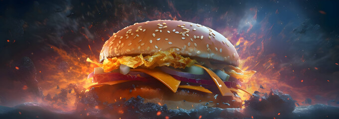 Tasty hamburger exposed on a fiery backdrop. - obrazy, fototapety, plakaty