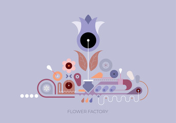 Colored design isolated on a light grey background Flower Factory vector illustration. Automatic flower processing machine.