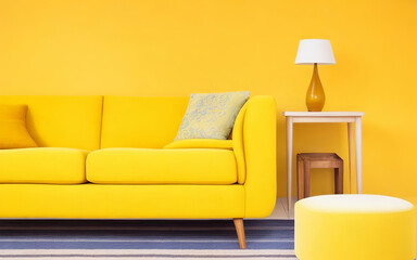 Yellow Sofa in Living Room with Ample Copy Space for Stylish Relaxation. Generative AI.