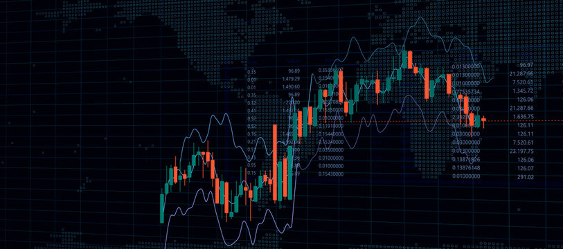 financial business, candlestick graph, financial investment, stock market chart on blue color monitor background, finanzmarkt, daytrading, bitcoin, amount and value numbers, growth line, world map 