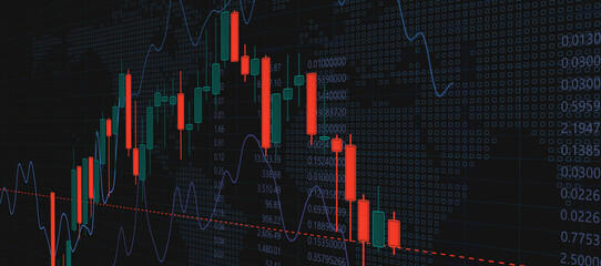 financial business, candlestick graph, financial investment, stock market chart on blue color monitor background, finanzmarkt, daytrading, bitcoin, amount and value numbers, growth line, world map 