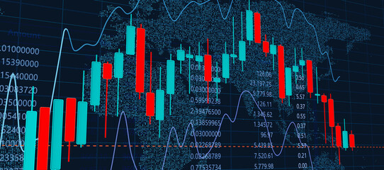 candle stick chart, global stock market, aufstiegs- und falldiagramm für finanzinvestitionen mit wachstumslinie, digitaler börsenhandel, red & blue, world map, amount and value numbers, aufwärtstrend