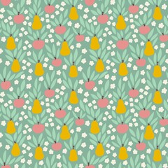 Hand drawn seamless pattern with apples pears fruits on pastel green background in simple ditsy shape design for food labels packaging, kitchen textile wallpaper. yellow red flowers illustration.