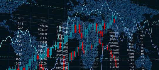 candle stick chart, global stock market, aufstiegs- und falldiagramm für finanzinvestitionen mit wachstumslinie, digitaler börsenhandel, red & blue, world map, amount and value numbers, aufwärtstrend