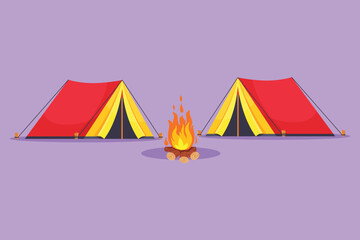 Graphic flat design drawing two tent with bonfire logo icon. Climbing, trekking, hiking, walking. sports, camping, outdoor recreation, adventures in nature, vacation. Cartoon style vector illustration