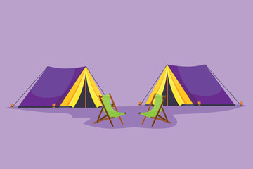 Cartoon flat style drawing camping landscape in campsite ground. Pair of tents with two chair in forest on grass. Summer camping on nature. Eco tourism logo, icon. Graphic design vector illustration