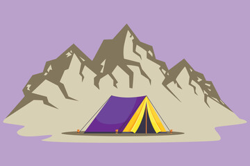 Graphic flat design drawing summer camping day and sunset posters. Banners with mountains, trees, tent and campfire. Climbing, hiking, trekking sports, holiday logo. Cartoon style vector illustration