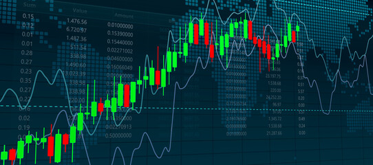 kerzendiagramm an der börse, live trading chart with growth lines, aufstiegs- und falldiagramm für finanzinvestitionen, bid and ask price numbers, digital world map, welthandel, finanzmarkt