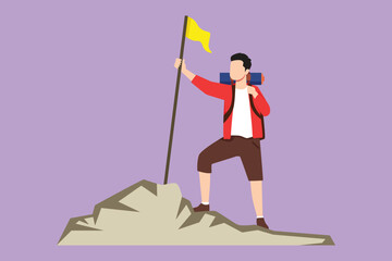 Graphic flat design drawing of young backpacker man traveler or explorer standing, holding flag, looking at nature. Hiking, backpacking, adventure tourism and travel. Cartoon style vector illustration