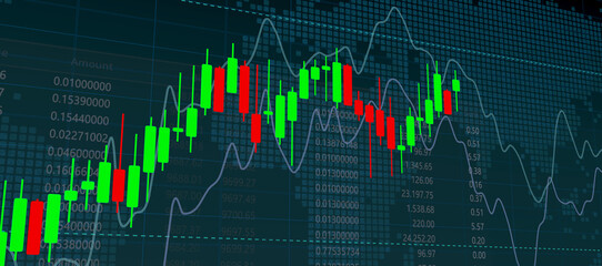 kerzendiagramm an der börse, live trading chart with growth lines, aufstiegs- und falldiagramm für finanzinvestitionen, bid and ask price numbers, digital world map, welthandel, finanzmarkt