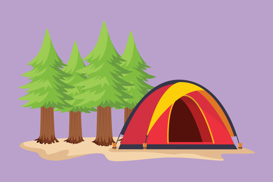 Cartoon flat style drawing tourist tent in pine forest, mountains on cloudy sky. Summer camping logo, icon, symbol. Natural outdoor activities. Tent and fire camp. Graphic design vector illustration