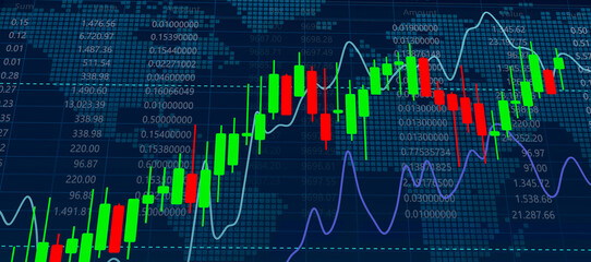 kerzendiagramm an der börse, live trading chart with growth lines, aufstiegs- und falldiagramm für finanzinvestitionen, bid and ask price numbers, digital world map, welthandel, finanzmarkt