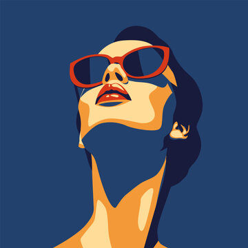 Young beautiful fashion woman with sunglasses looking up. Abstract female portrait, contemporary design, vector illustration